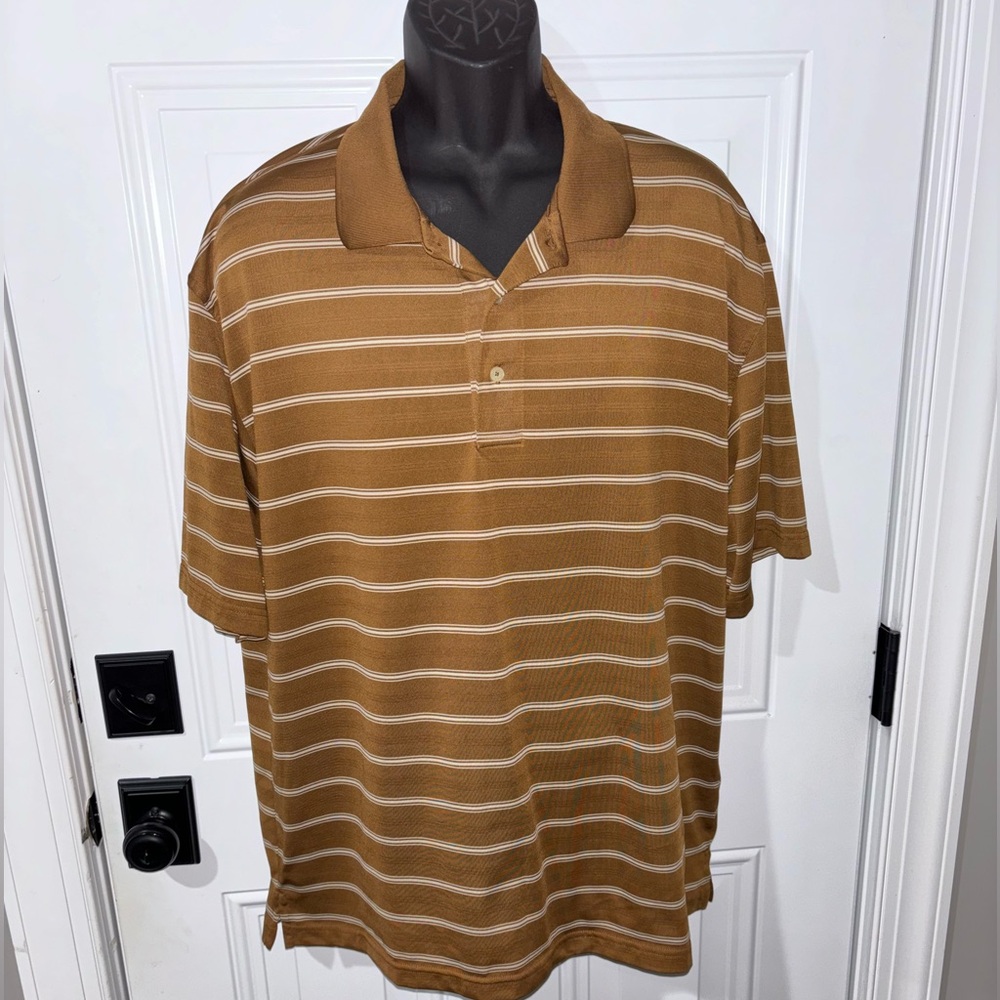 Oxford Golf Men's Sz XL 100% Polyester Brown Striped Shirt Length 31", Chest 25" - Picture 2 of 6